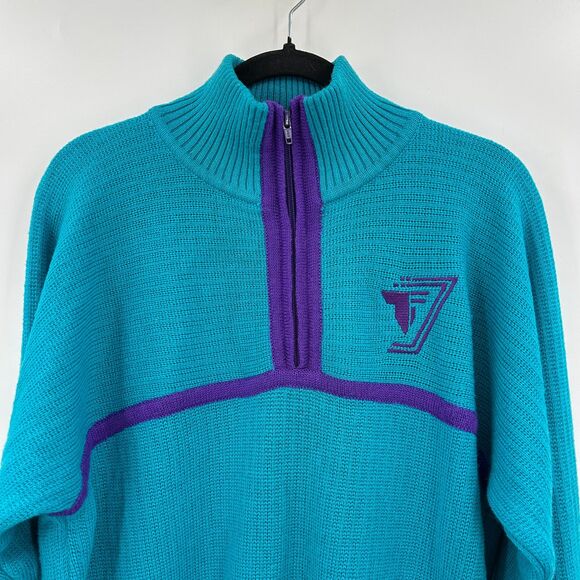 TYROLIA Men's Vintage Teal Blue Purple Wool Knit 1/4 Zip Pullover Sweater Medium - Picture 3 of 7